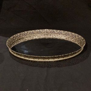 Vintage Mirror Vanity Tray Oval w Silver Filigree